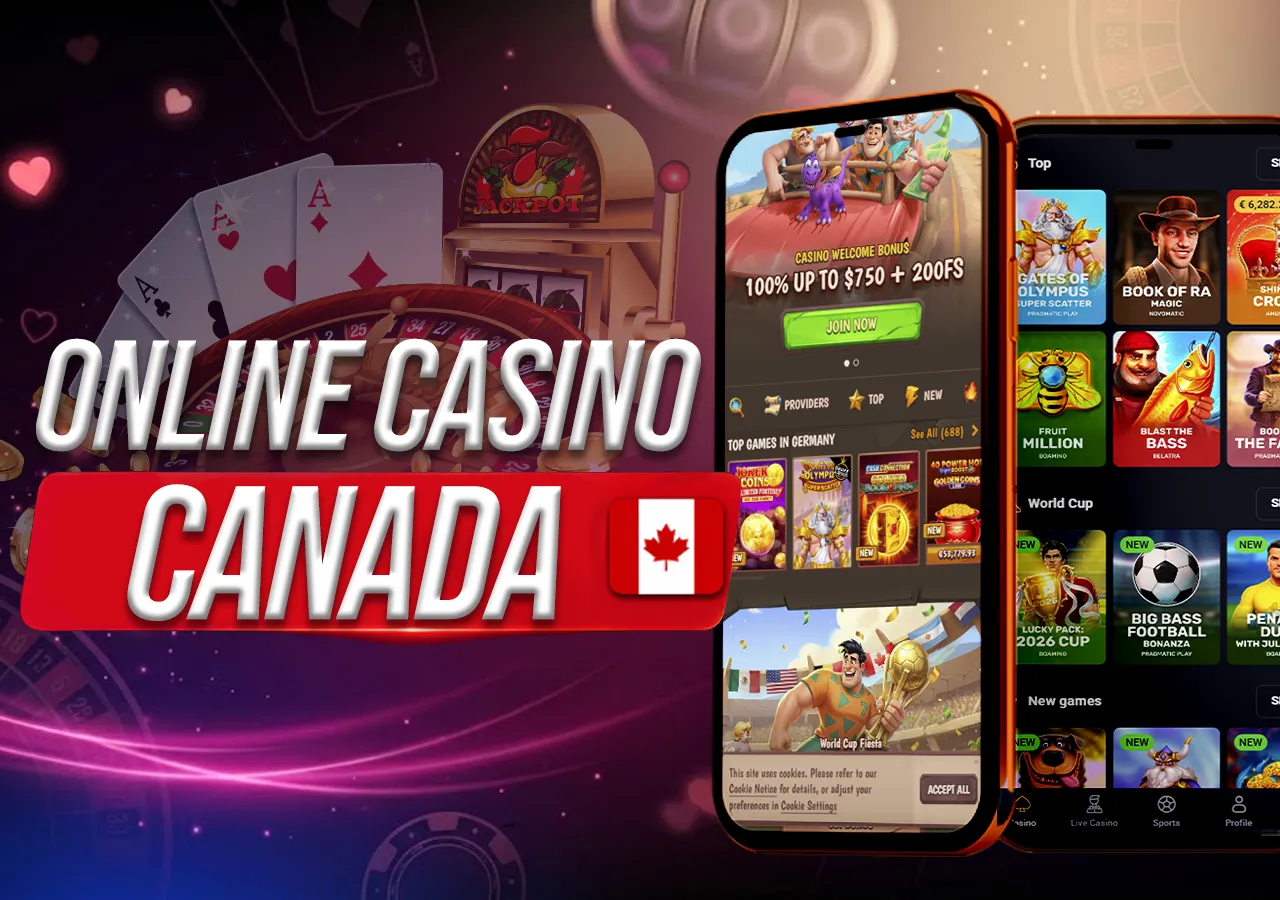 Canada online casino promo banner with mobile app UI, slot selection, bonus offer, Canadian flag theme, and jackpot visuals.