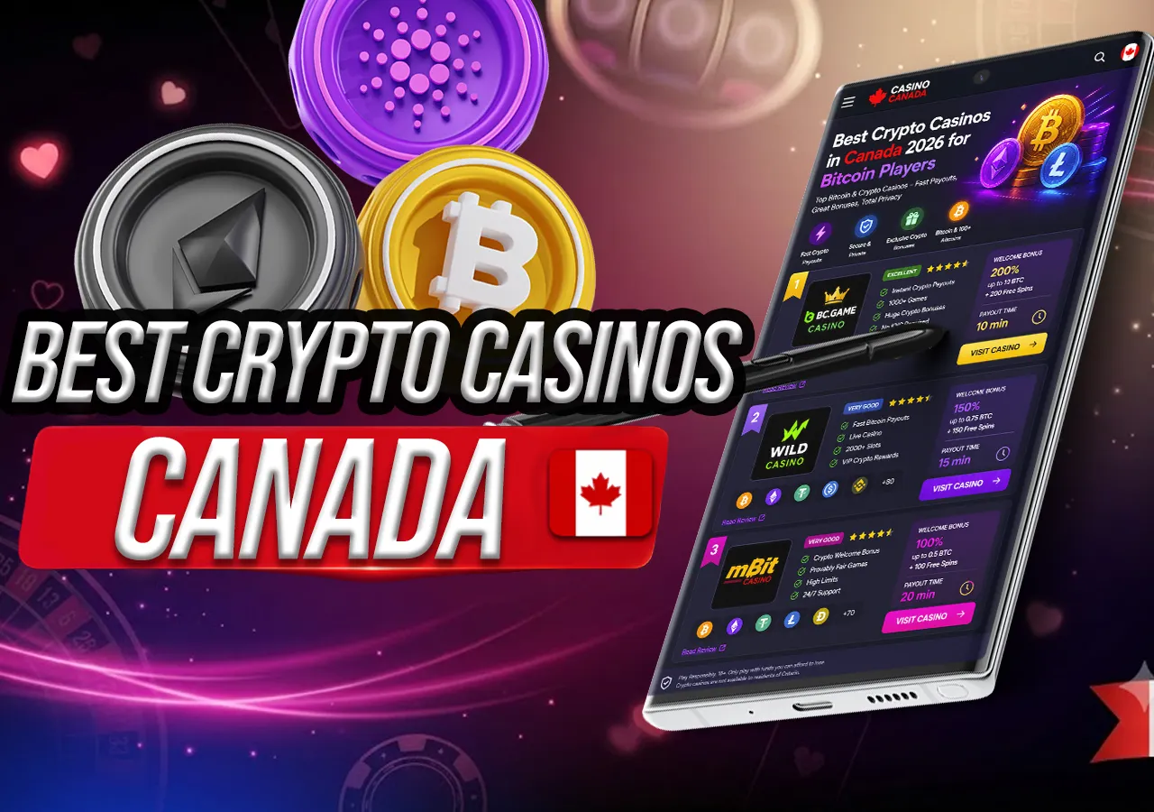 Best crypto casinos in Canada with Bitcoin coins, mobile ranking screen and digital gambling interface